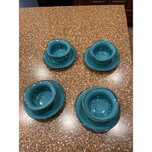 Southern Living Turquoise Teacup and Saucer Set with Gold Trim